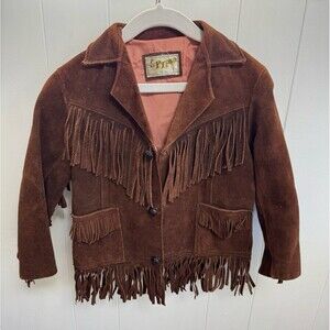 Youth Kids Vintage 90's Dark Brown Leather Fringe Button Up Western Jacket Sz 6